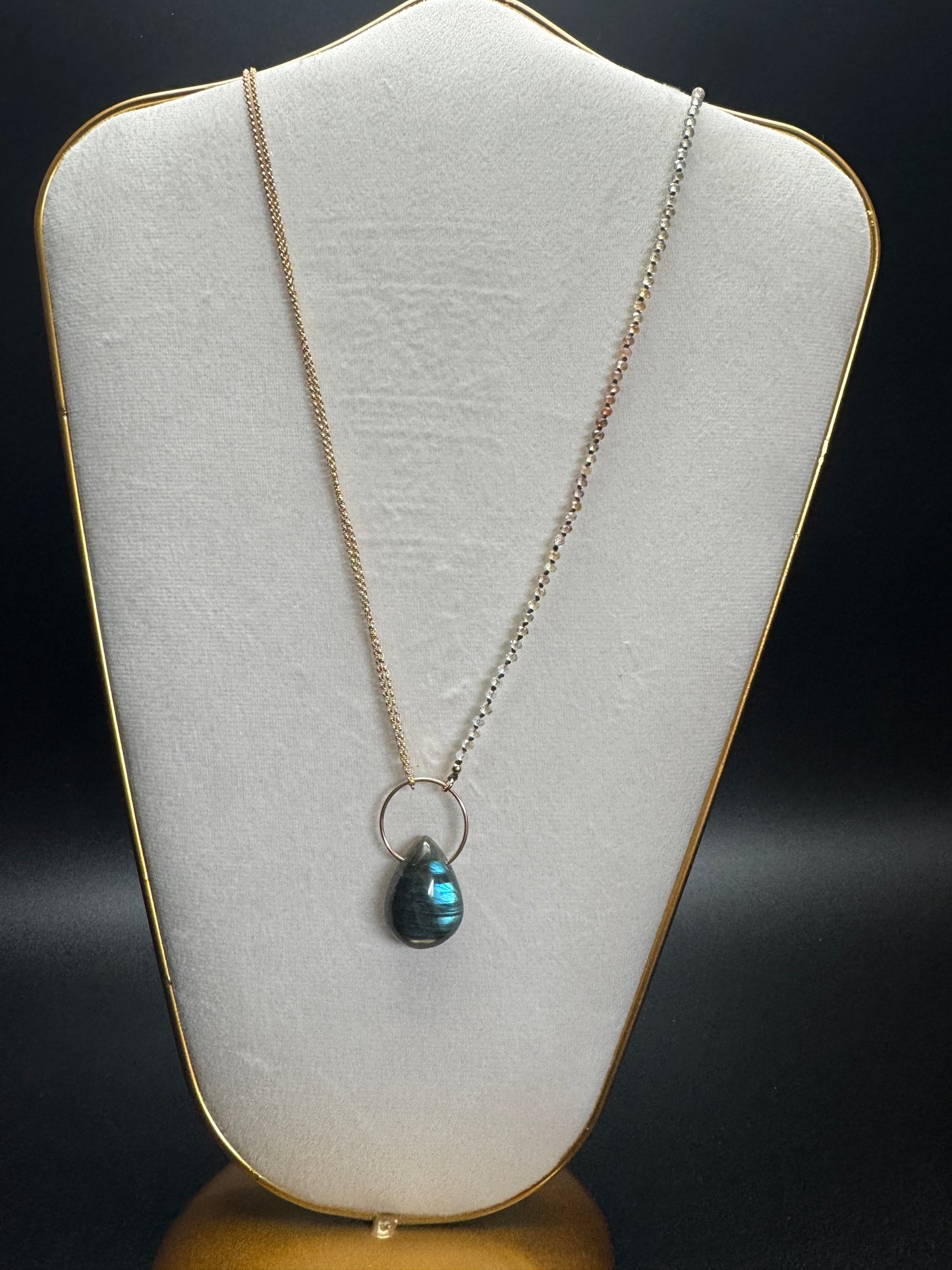 Yin & Yang Pendant Necklace, Blue Labradorite and Zircon